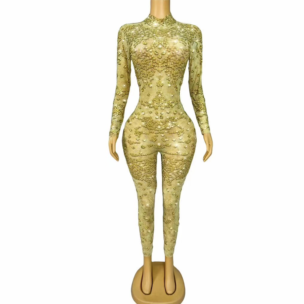 Women Fashion Photoshoot - Sexy Bühne Glänzende Gold Strass Overall