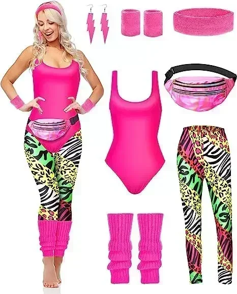 Women'S Fashion From The 80S - 7-teiliges 80er-Jahre-Fitness-Kostüm-Set, 90er-Jahre-Trikot, Leggings, Stirnband, Armbänder,